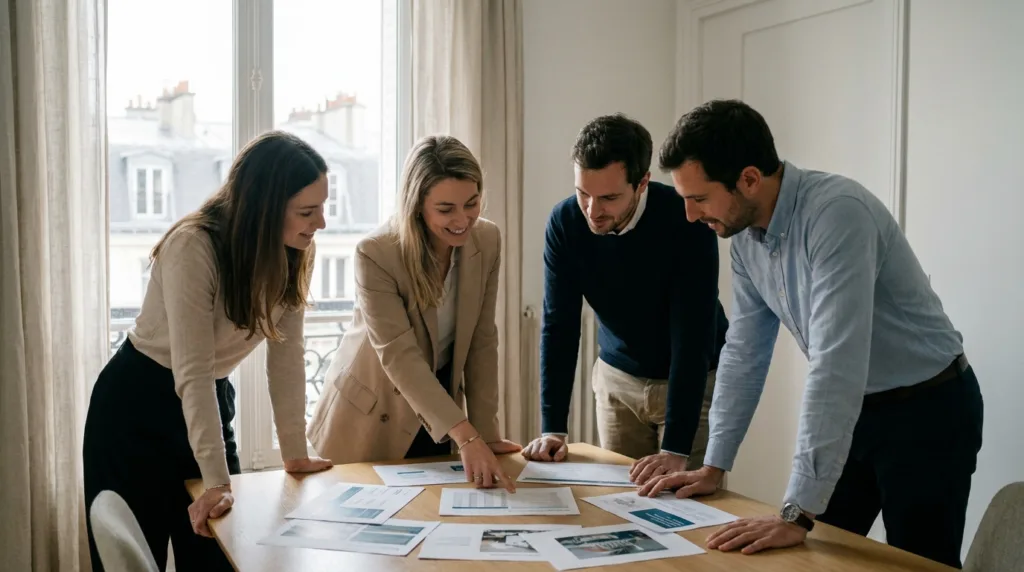 Quatre collaborateurs réunis autour d'une table étudient les garanties de leur mutuelle d'entreprise